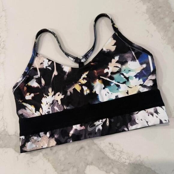 Nike Indy Floral Print DriFit Racerback Low Impact Sports Bra Womens Small Black - Picture 1 of 7